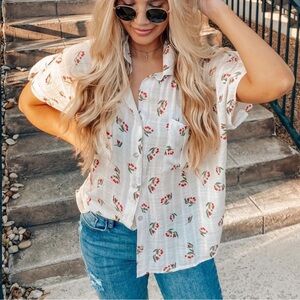 VICI Cherry Print Button Down Blouse Cottagecore Spring Top Size S